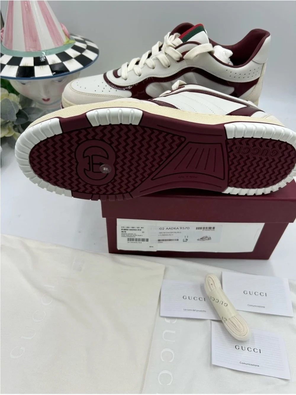 Men’s Gucci, re-web sneakers in white leather/patent trim size 11 fits 12 US